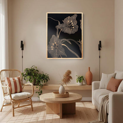 Hand-Carved Floral Wall Panel in Black & Natural Wood Frame – Modern Botanical Wall Decor