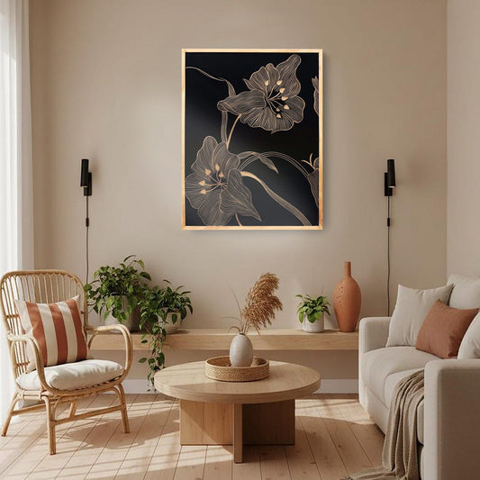 Hand-Carved Floral Wall Panel in Black & Natural Wood Frame – Modern Botanical Wall Decor